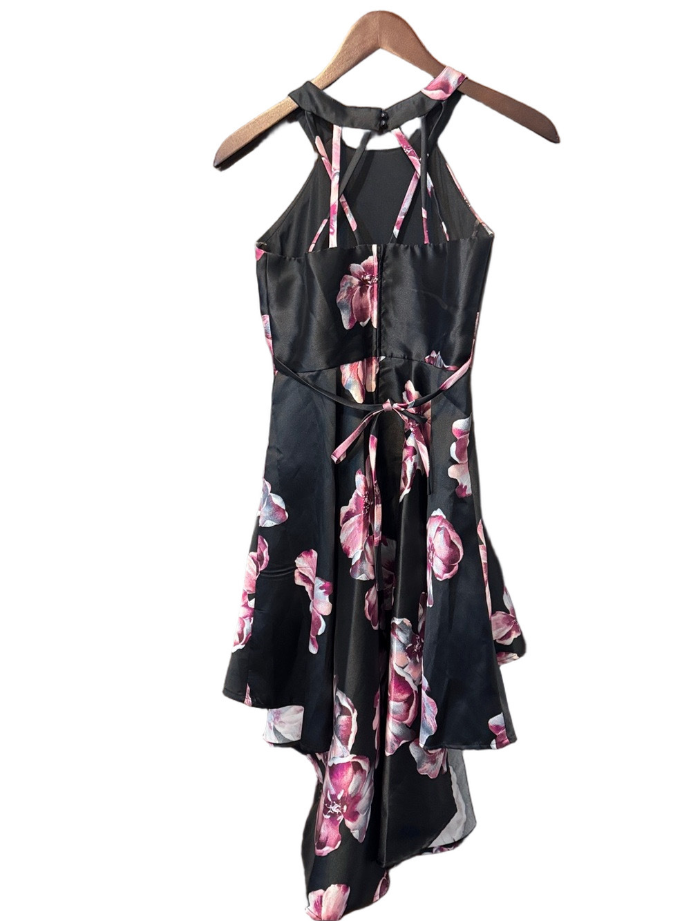 Poppies & Roses Floral Black High-Low Halter Dress with Pink Blooms Size 14 - Picture 3 of 4